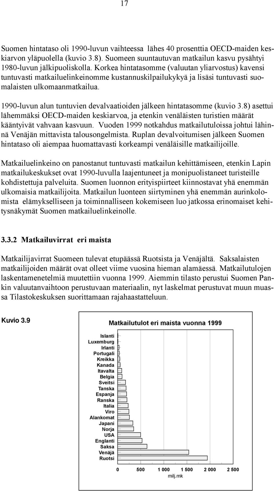 199-luvun alun tuntuvien devalvaatioiden jälkeen hintatasomme (kuvio 3.8) asettui lähemmäksi OECD-maiden keskiarvoa, ja etenkin venäläisten turistien määrät kääntyivät vahvaan kasvuun.