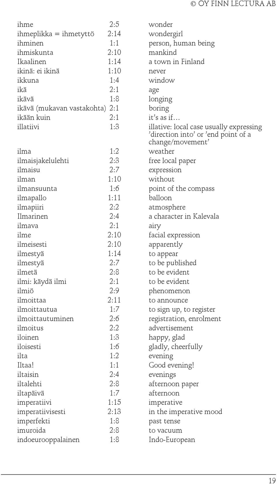 weather ilmaisjakelulehti 2:3 free local paper ilmaisu 2:7 expression ilman 1:10 without ilmansuunta 1:6 point of the compass ilmapallo 1:11 balloon ilmapiiri 2:2 atmosphere Ilmarinen 2:4 a character