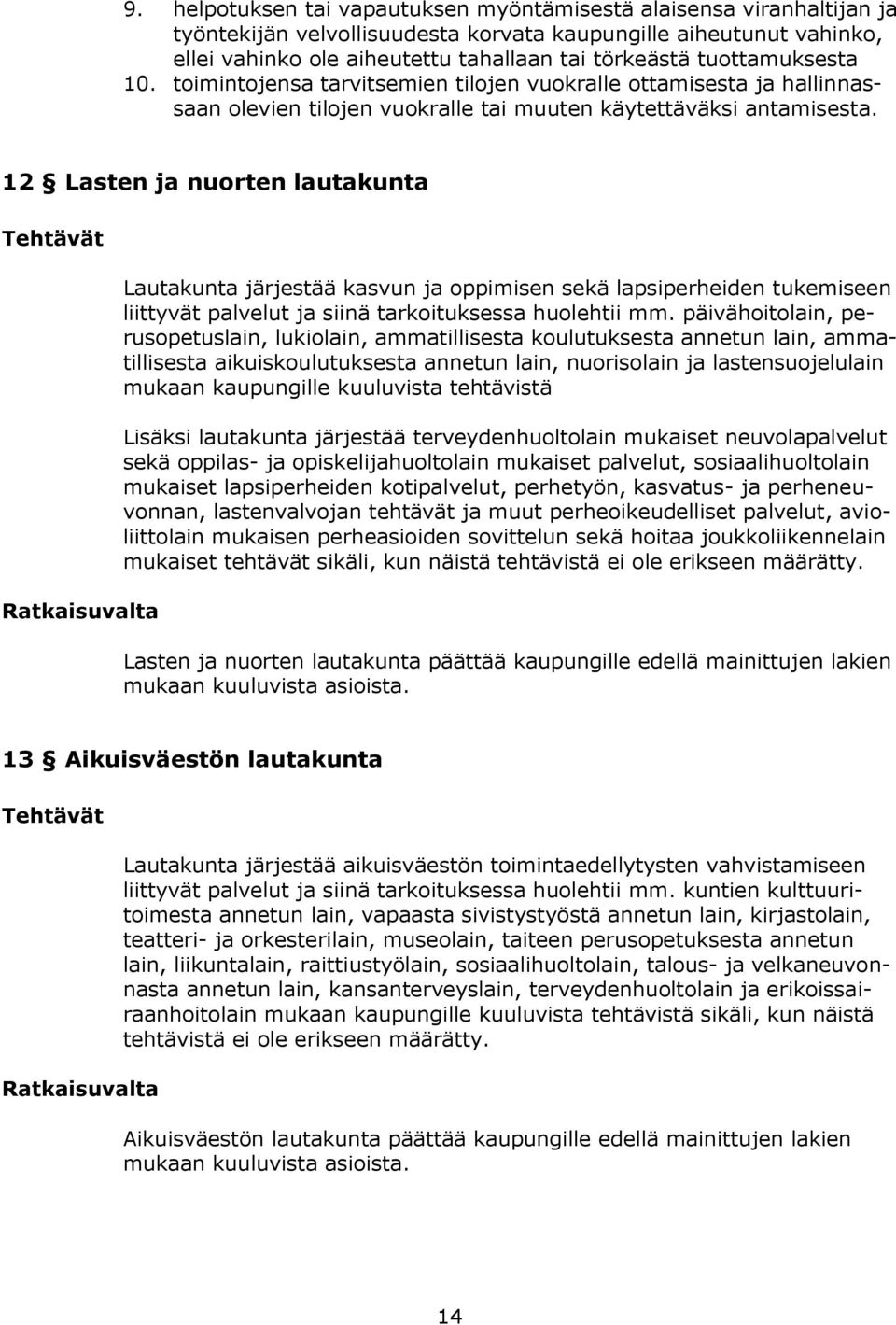 12 Lasten ja nuorten lautakunta Tehtävät Ratkaisuvalta Lautakunta järjestää kasvun ja oppimisen sekä lapsiperheiden tukemiseen liittyvät palvelut ja siinä tarkoituksessa huolehtii mm.