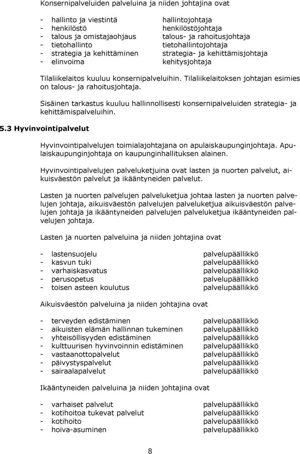 Tilaliikelaitoksen johtajan esimies on talous- ja rahoitusjohtaja. Sisäinen tarkastus kuuluu hallinnollisesti konsernipalveluiden strategia- ja kehittämispalveluihin. 5.