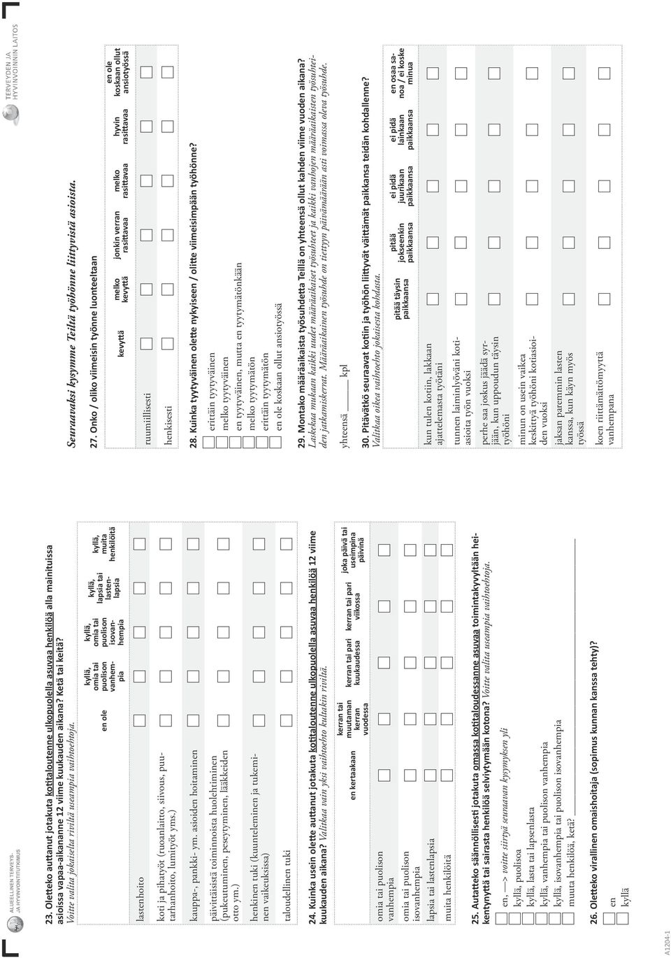 en ole, omia tai puolison vanhempia, omia tai puolison isovanhempia, lapsia tai lastenlapsia, muita henkilöitä lastenhoito koti ja pihatyöt (ruoanlaitto, siivous, puutarhanhoito, lumityöt yms.