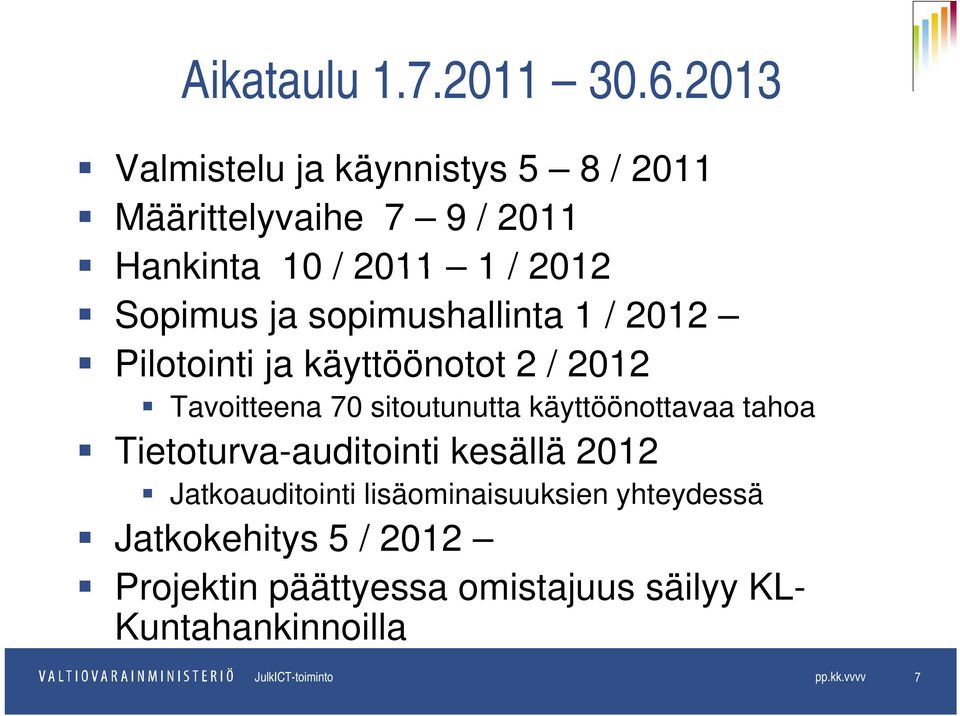 sopimushallinta 1 / 2012 Pilotointi ja käyttöönotot 2 / 2012 Tavoitteena 70 sitoutunutta käyttöönottavaa tahoa