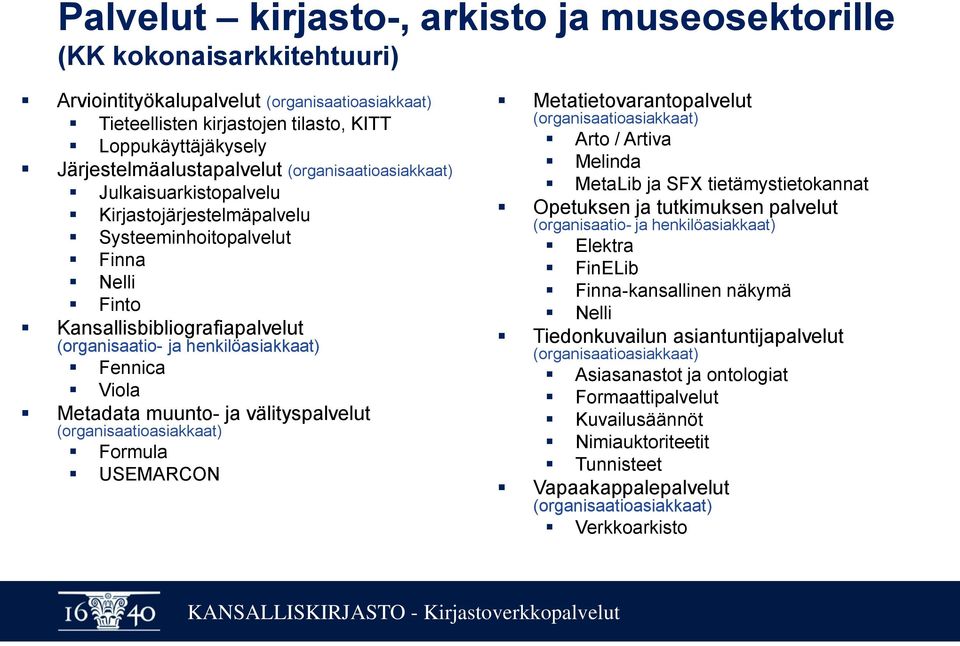 henkilöasiakkaat) Fennica Viola Metadata muunto- ja välityspalvelut (organisaatioasiakkaat) Formula USEMARCON Metatietovarantopalvelut (organisaatioasiakkaat) Arto / Artiva Melinda MetaLib ja SFX