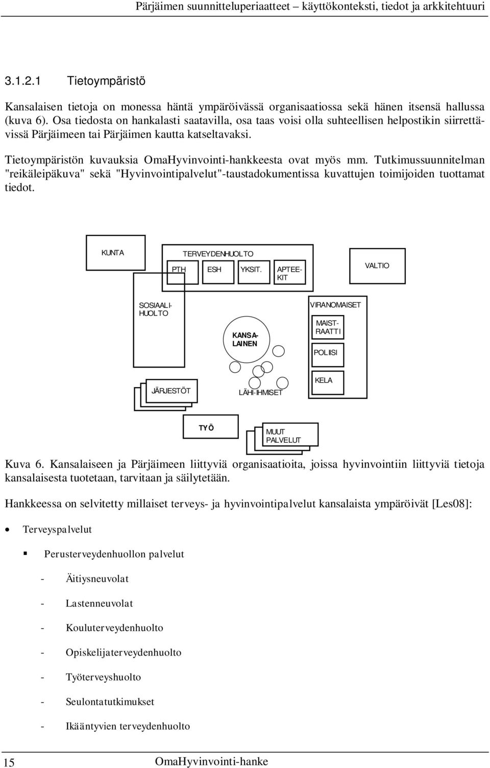 Tietoympäristön kuvauksia OmaHyvinvointi-hankkeesta ovat myös mm. Tutkimussuunnitelman "reikäleipäkuva" sekä "Hyvinvointipalvelut"-taustadokumentissa kuvattujen toimijoiden tuottamat tiedot.