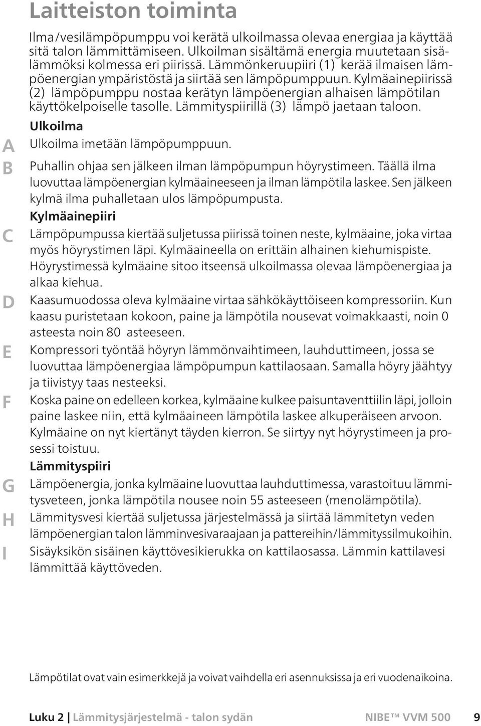 Kylmäainepiirissä (2) lämpöpumppu nostaa kerätyn lämpöenergian alhaisen lämpötilan käyttökelpoiselle tasolle. Lämmityspiirillä (3) lämpö jaetaan taloon. Ulkoilma Ulkoilma imetään lämpöpumppuun.