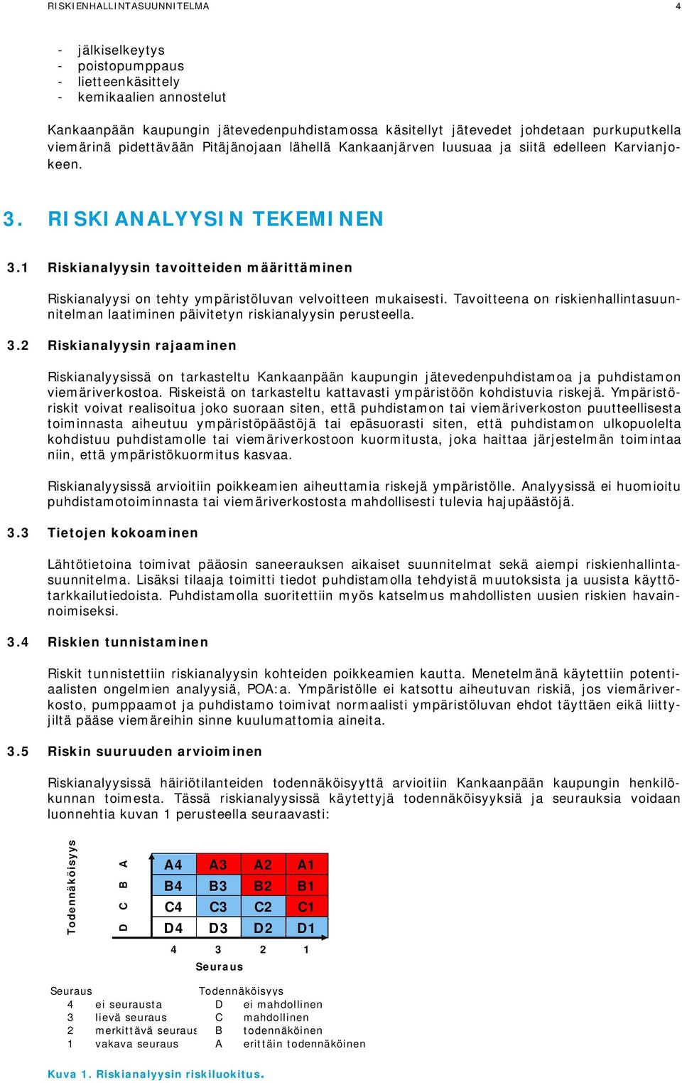 1 Riskianalyysin tavoitteiden määrittäminen Riskianalyysi on tehty ympäristöluvan velvoitteen mukaisesti. Tavoitteena on riskienhallintasuunnitelman laatiminen päivitetyn riskianalyysin perusteella.