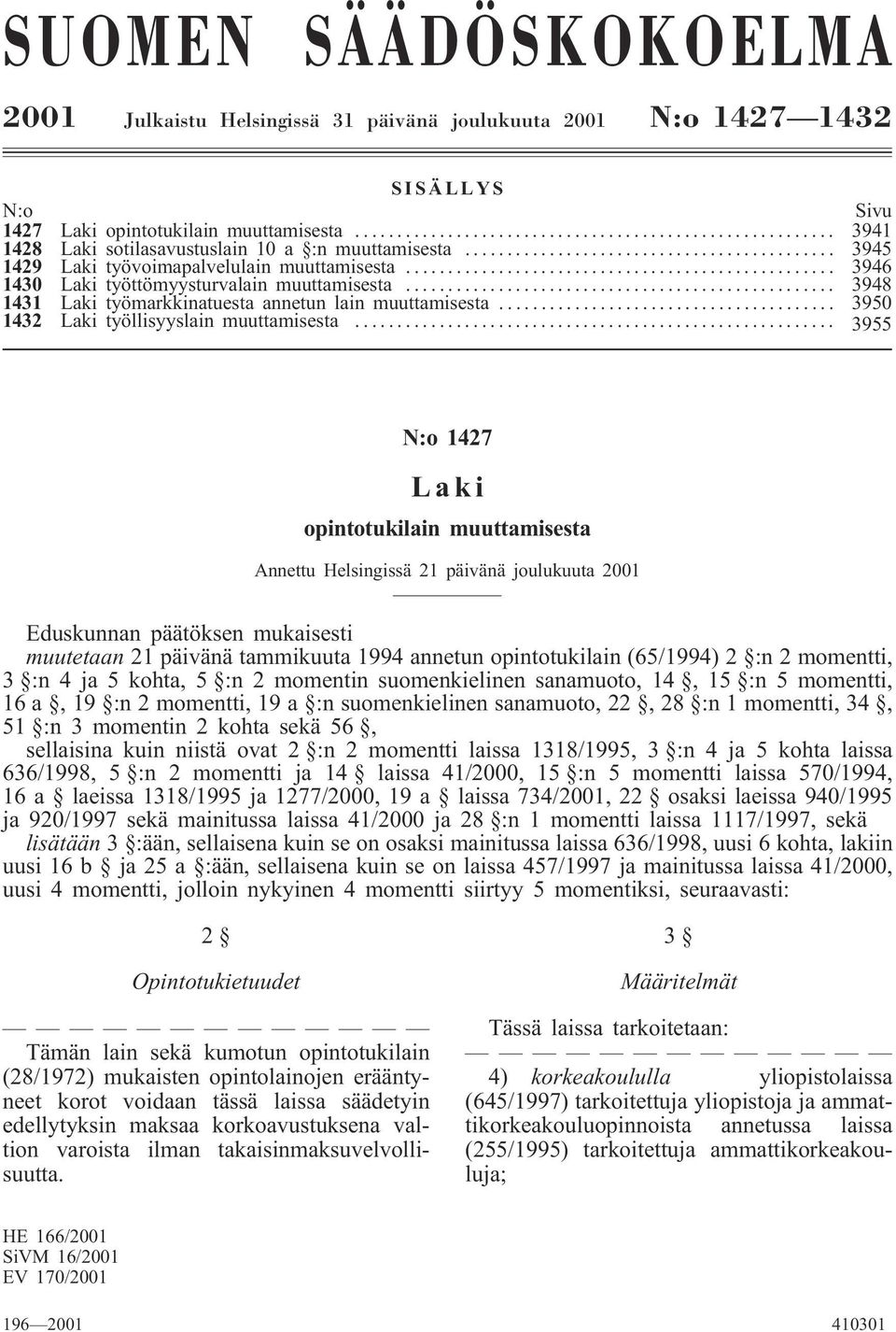 .. 3948 1431 Laki työmarkkinatuesta annetun lain muuttamisesta... 3950 1432 Laki työllisyyslain muuttamisesta.