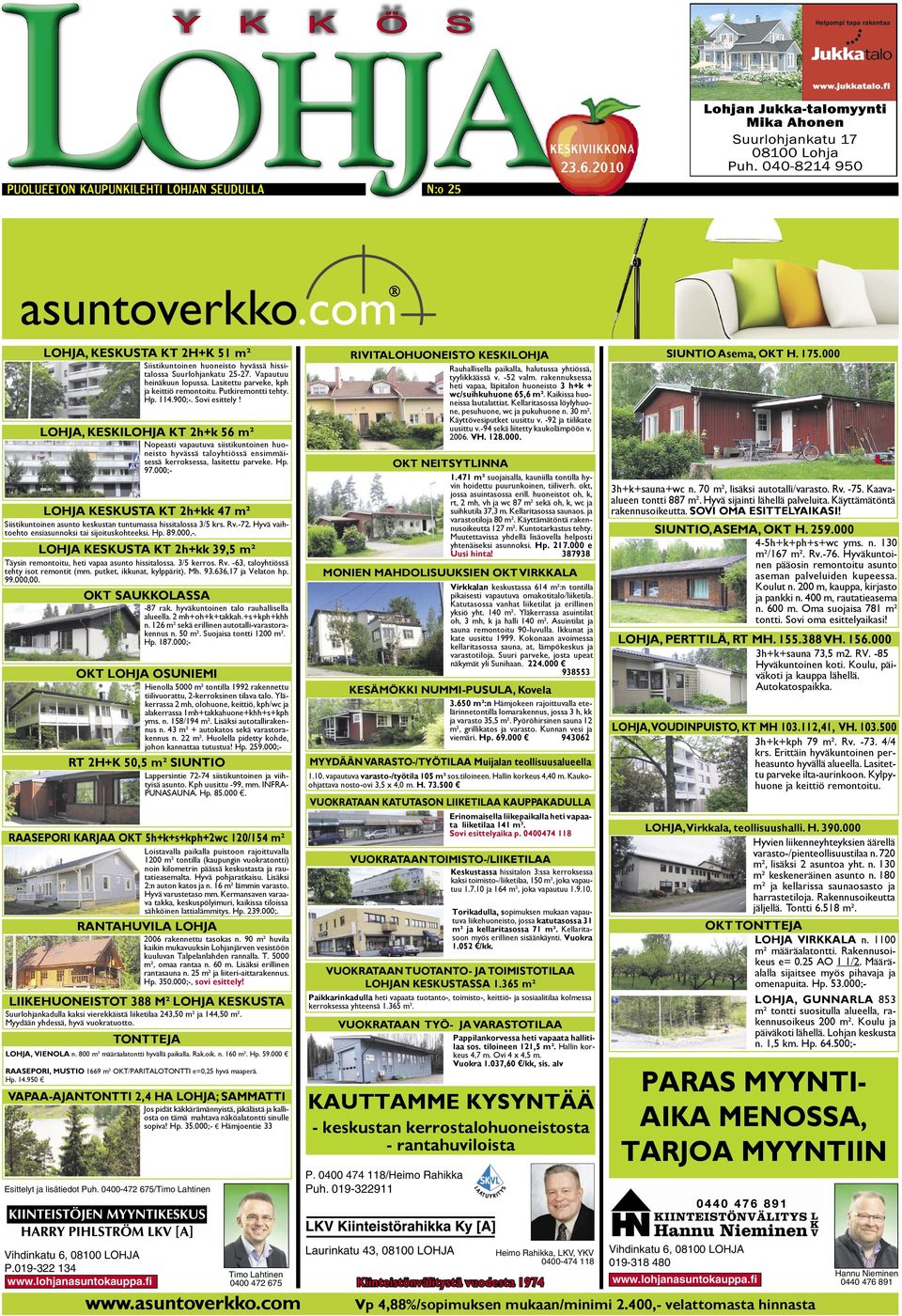 LOHJA, KESKILOHJA KT 2h+k 56 m² Nopeasti vapautuva siistikuntoinen huoneisto hyvässä taloyhtiössä ensimmäisessä kerroksessa, lasitettu parveke. Hp. 97.