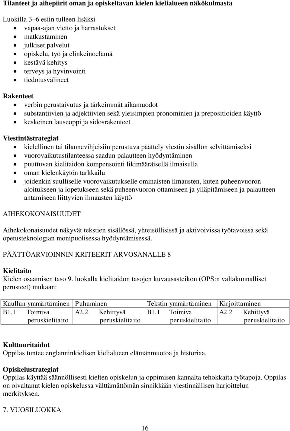 prepositioiden käyttö keskeinen lauseoppi ja sidosrakenteet Viestintästrategiat kielellinen tai tilannevihjeisiin perustuva päättely viestin sisällön selvittämiseksi vuorovaikutustilanteessa saadun