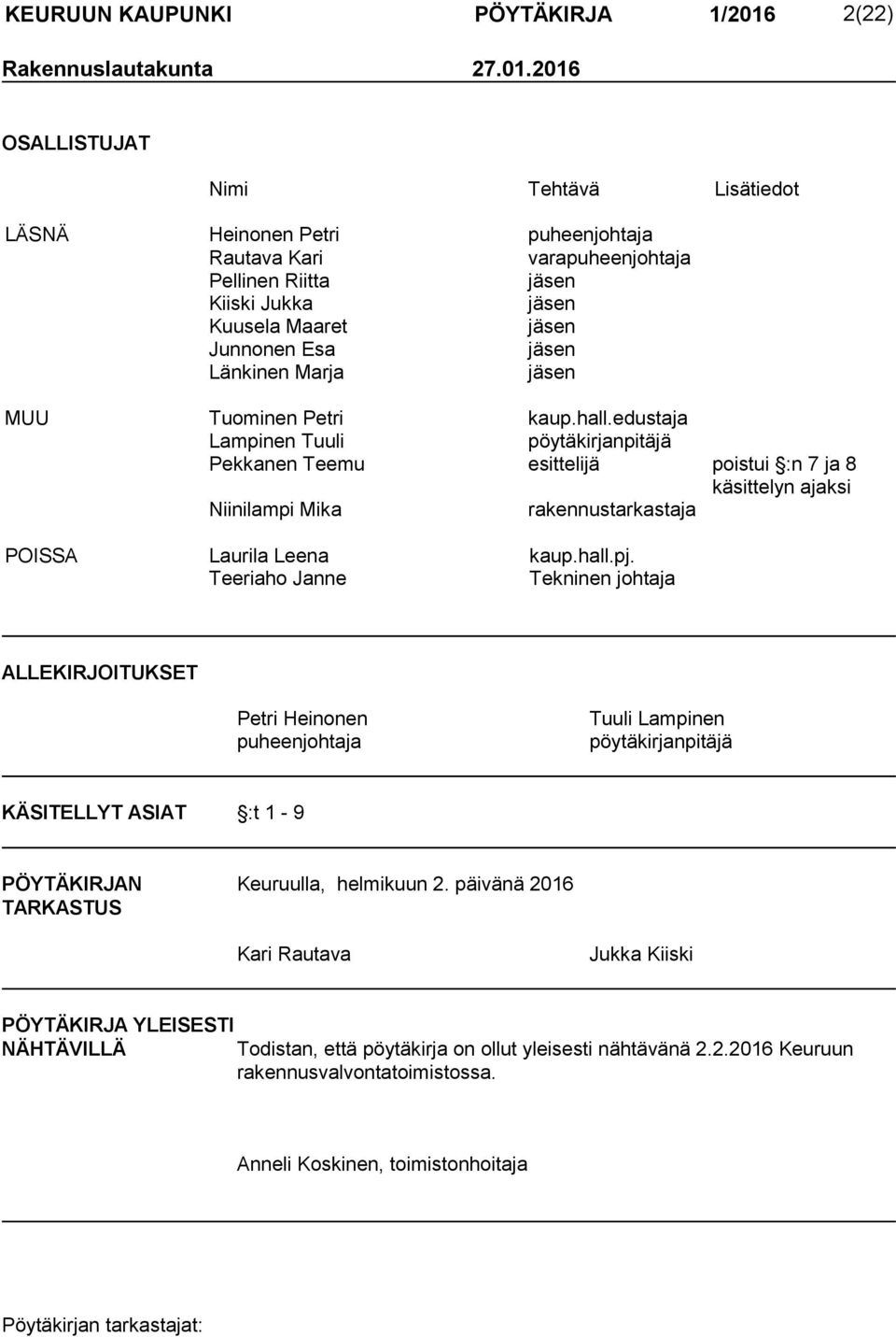 2016 OSALLISTUJAT Nimi Tehtävä Lisätiedot LÄSNÄ Heinonen Petri puheenjohtaja Rautava Kari varapuheenjohtaja Pellinen Riitta jäsen Kiiski Jukka jäsen Kuusela Maaret jäsen Junnonen Esa jäsen Länkinen
