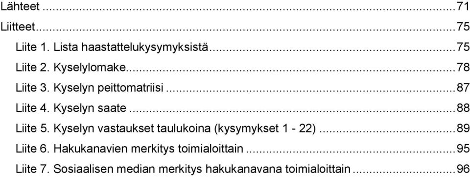 .. 88 Liite 5. Kyselyn vastaukset taulukoina (kysymykset 1-22)... 89 Liite 6.