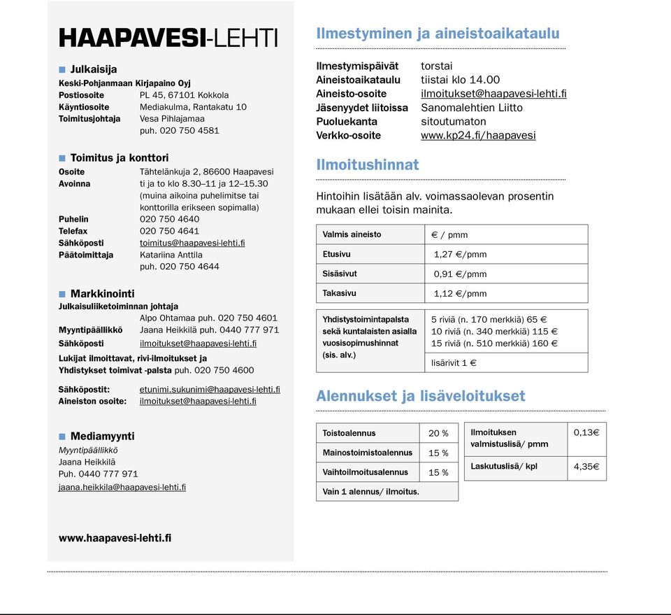 30 (muina aikoina puhelimitse tai konttorilla erikseen sopimalla) Puhelin 020 750 4640 Telefax 020 750 4641 Sähköposti toimitus@haapavesi-lehti.fi Päätoimittaja Katariina Anttila puh.