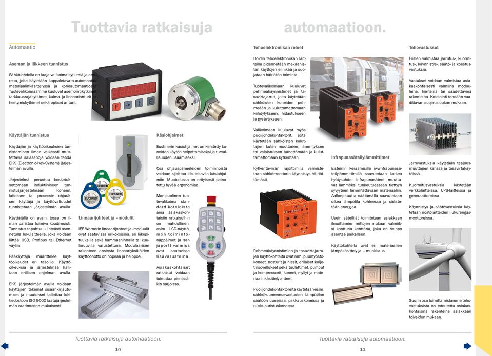 koneautomaatiossa. Tuotevalikoimaamme kuuluvat asemointikytkimet, tarkkuusrajakytkimet, kulma- ja lineaarianturit, lähestymiskytkimet sekä optiset anturit.