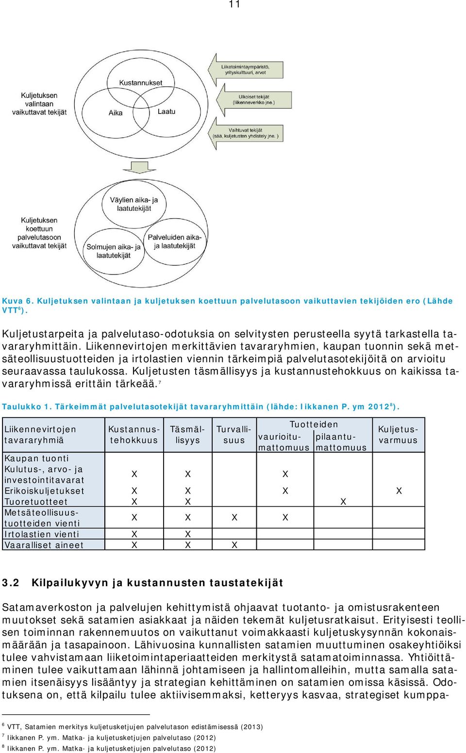 Liikennevirtojen merkittävien tavararyhmien, kaupan tuonnin sekä metsäteollisuustuotteiden ja irtolastien viennin tärkeimpiä palvelutasotekijöitä on arvioitu seuraavassa taulukossa.