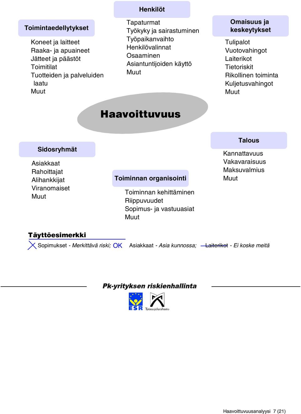 Kuljetusvahingot Muut Haavoittuvuus Sidosryhmät Asiakkaat Rahoittajat Alihankkijat Viranomaiset Muut Toiminnan organisointi Toiminnan kehittäminen Riippuvuudet Sopimus- ja