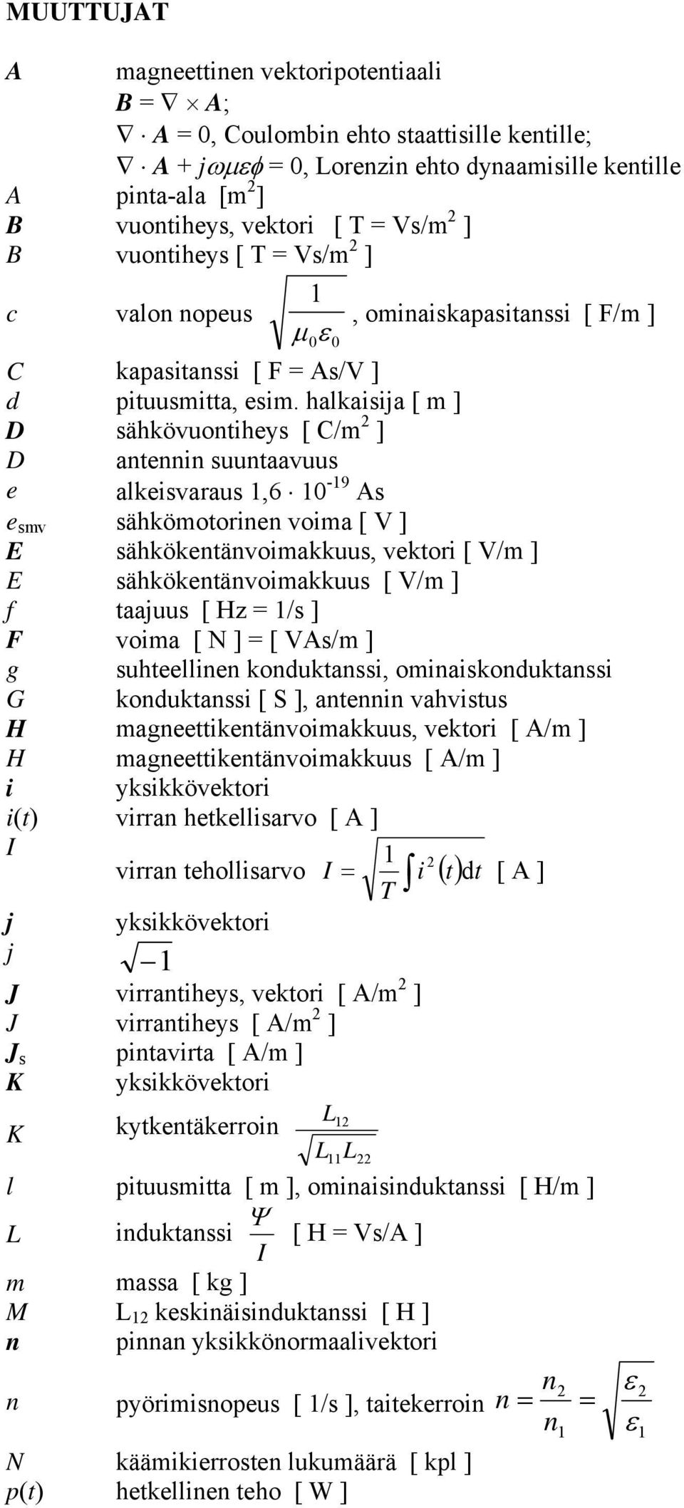 halkaisija [ m ] D sähkövuontiheys [ C/m ] D antennin suuntaavuus e alkeisvaraus,6-9 As e smv sähkömotorinen voima [ V ] E sähkökentänvoimakkuus, vektori [ V/m ] E sähkökentänvoimakkuus [ V/m ] f