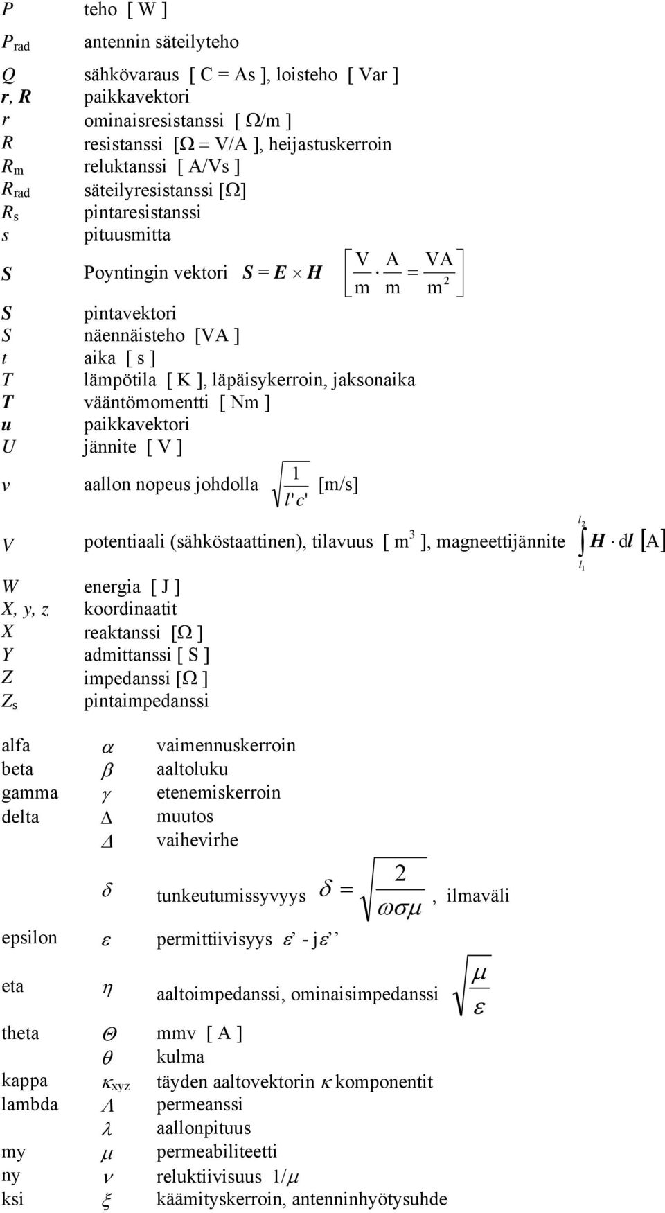 vääntömomentti [ Nm ] u paikkavektori U jännite [ V ] v aallon nopeus johdolla l' c' [m/s] V potentiaali (sähköstaattinen, tilavuus [ m 3 ], magneettijännite H dl A W energia [ J ] X, y, z