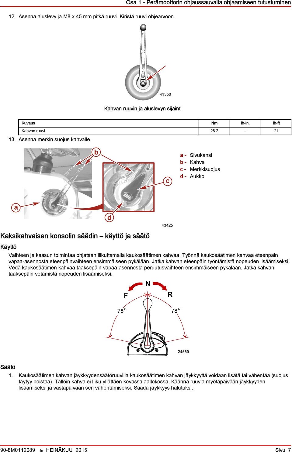 b c a - Sivukansi b - Kahva c - Merkkisuojus d - Aukko a Kaksikahvaisen konsolin säädin käyttö ja säätö Käyttö d Vaihteen ja kaasun toimintaa ohjataan liikuttamalla kaukosäätimen kahvaa.