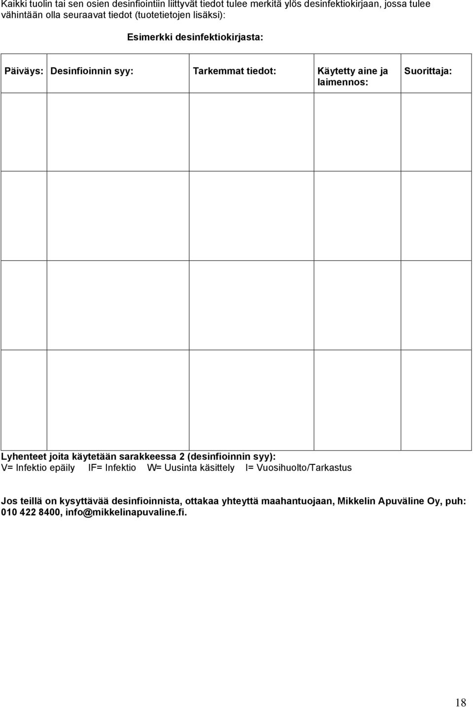 Lyhenteet joita käytetään sarakkeessa 2 (desinfioinnin syy): V= Infektio epäily IF= Infektio W= Uusinta käsittely I= Vuosihuolto/Tarkastus Jos