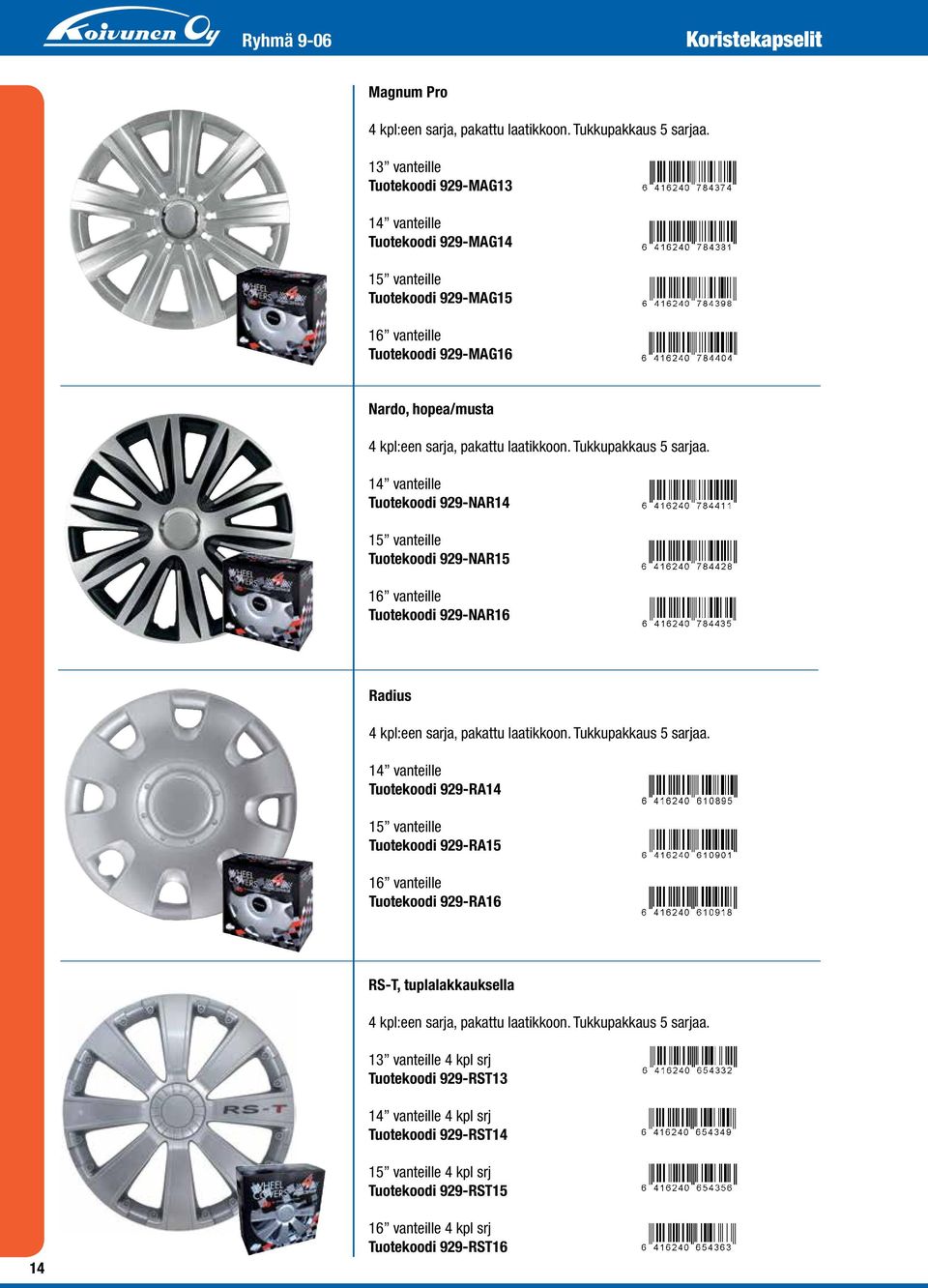 Tukkupakkaus 5 sarjaa. 14 vanteille Tuotekoodi 929-NAR14 15 vanteille Tuotekoodi 929-NAR15 16 vanteille Tuotekoodi 929-NAR16 Radius 4 kpl:een sarja, pakattu laatikkoon. Tukkupakkaus 5 sarjaa.