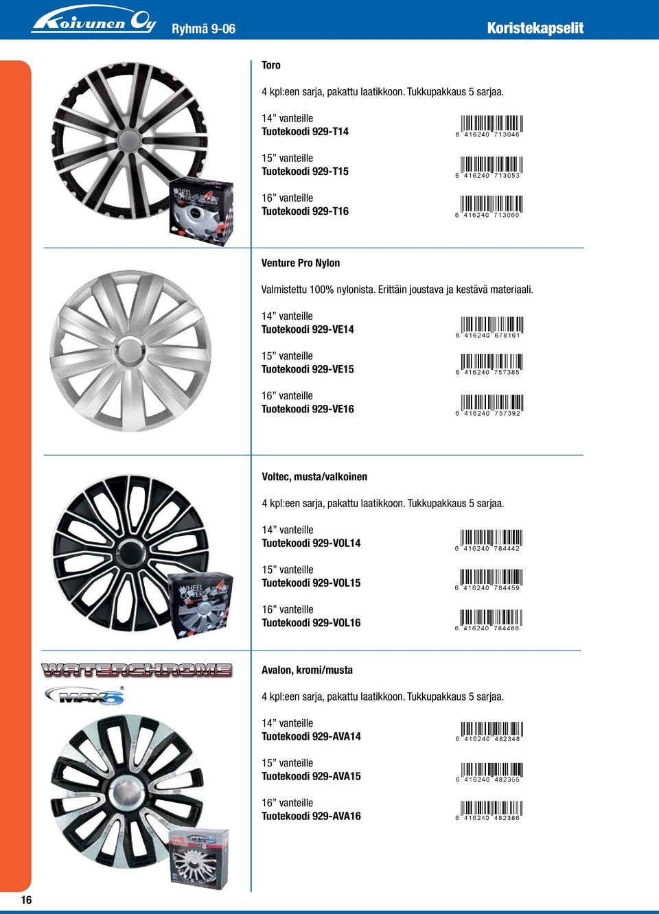 14 vanteille Tuotekoodi 929-VE14 15 vanteille Tuotekoodi 929-VE15 16 vanteille Tuotekoodi 929-VE16 Voltec, musta/valkoinen 4 kpl:een sarja, pakattu laatikkoon. Tukkupakkaus 5 sarjaa.