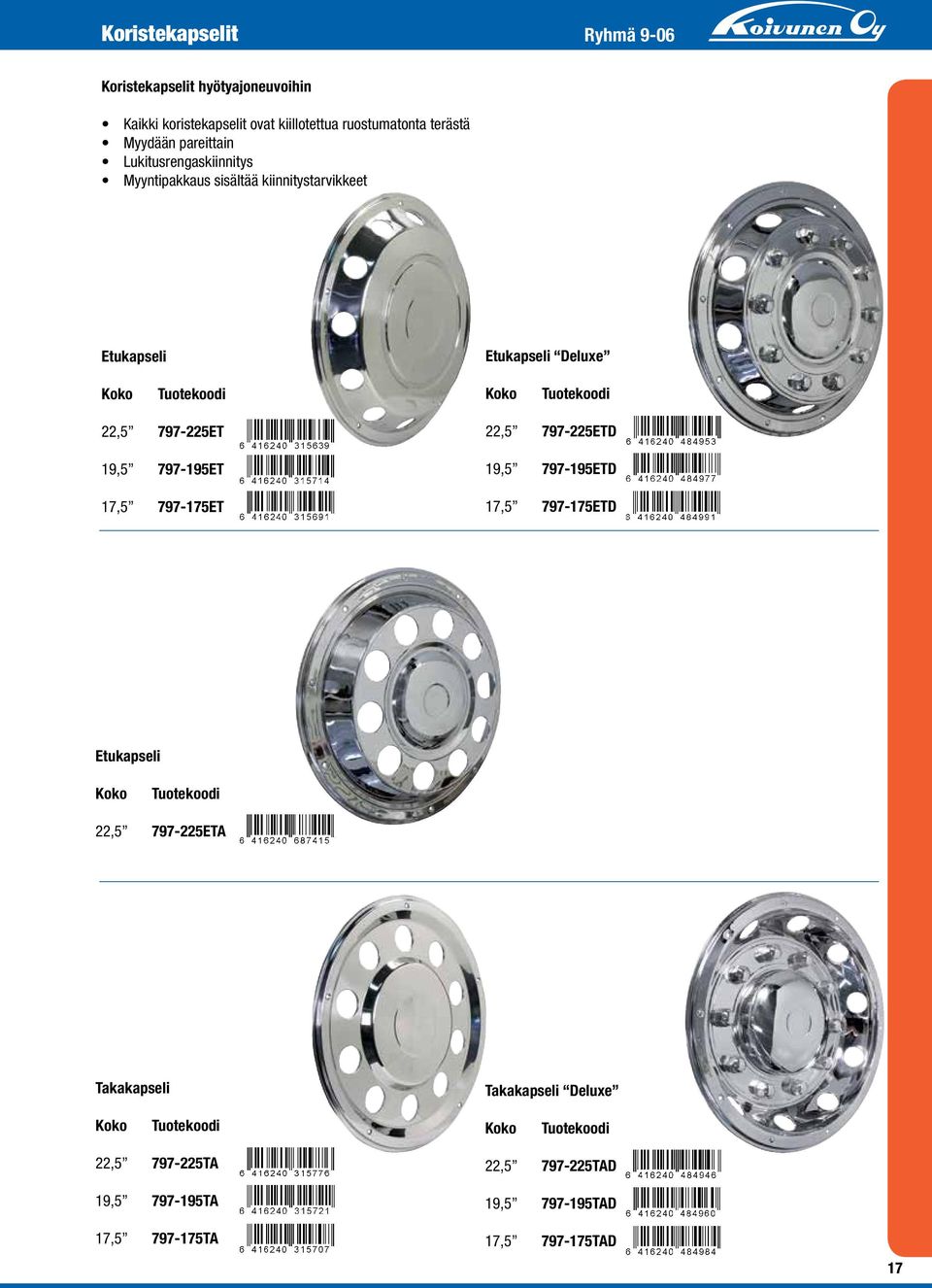 22,5 797-225ET 19,5 797-195ET 17,5 797-175ET 22,5 797-225ETD 19,5 797-195ETD 17,5 797-175ETD Etukapseli Koko Tuotekoodi 22,5 797-225ETA