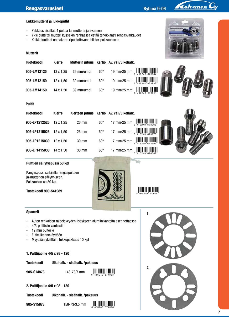 905-LM12125 12 x 1,25 39 mm/umpi 60º 19 mm/25 mm 905-LM12150 12 x 1,50 39 mm/umpi 60º 19 mm/25 mm 905-LM14150 14 x 1,50 39 mm/umpi 60º 19 mm/25 mm Pultit Tuotekoodi Kierre Kierteen pituus Kartio Av.