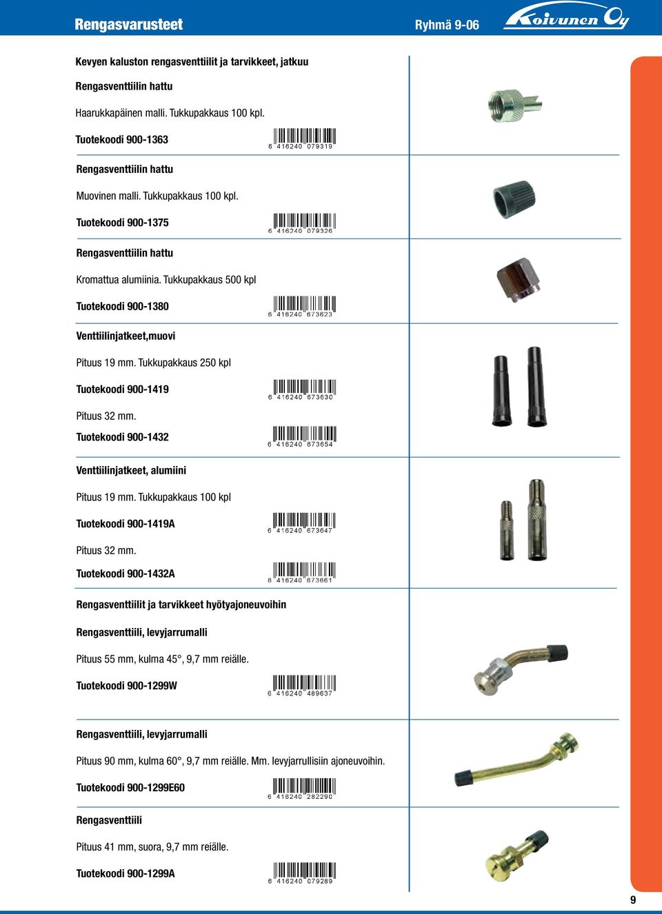 Tukkupakkaus 500 kpl Tuotekoodi 900-1380 Venttiilinjatkeet,muovi Pituus 19 mm. Tukkupakkaus 250 kpl Tuotekoodi 900-1419 Pituus 32 mm. Tuotekoodi 900-1432 Venttiilinjatkeet, alumiini Pituus 19 mm.