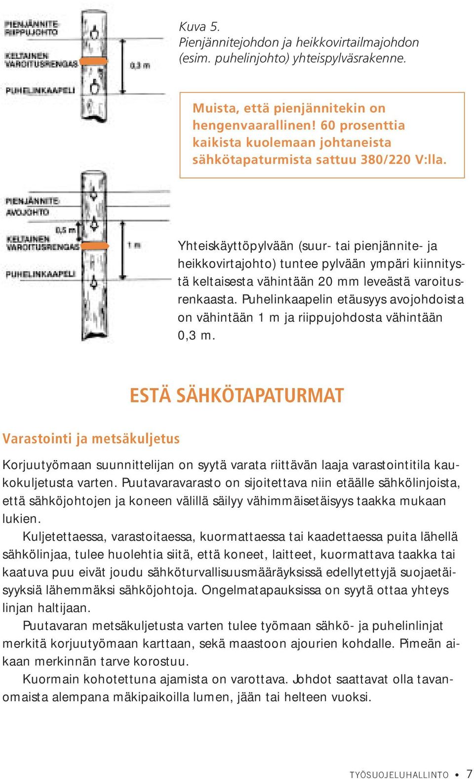 Yhteiskäyttöpylvään (suur- tai pienjännite- ja heikkovirtajohto) tuntee pylvään ympäri kiinnitystä keltaisesta vähintään 20 mm leveästä varoitusrenkaasta.