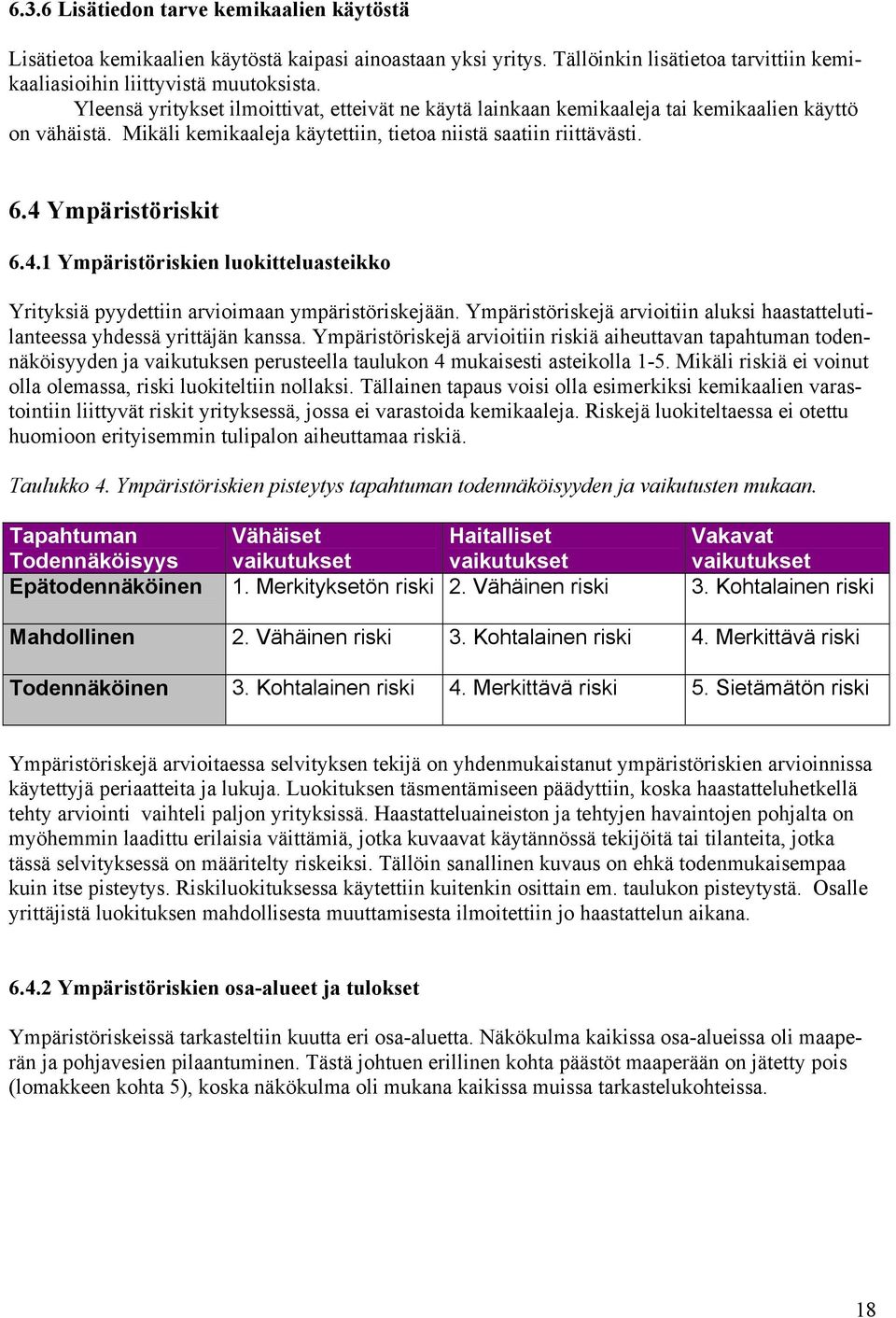 Ympäristöriskit 6.4.1 Ympäristöriskien luokitteluasteikko Yrityksiä pyydettiin arvioimaan ympäristöriskejään. Ympäristöriskejä arvioitiin aluksi haastattelutilanteessa yhdessä yrittäjän kanssa.