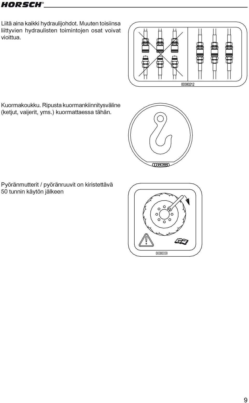 Leitungen anschließen Zeichnungsnum 00380212 Pyöränmutterit / pyöränruuvit on kiristettävä 50 tunnin käytön jälkeen 00380359