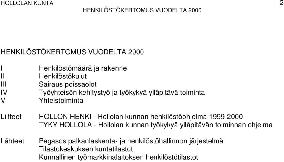 henkilöstöohjelma 1999-2000 TYKY HOLLOLA - Hollolan kunnan työkykyä ylläpitävän toiminnan ohjelma Lähteet