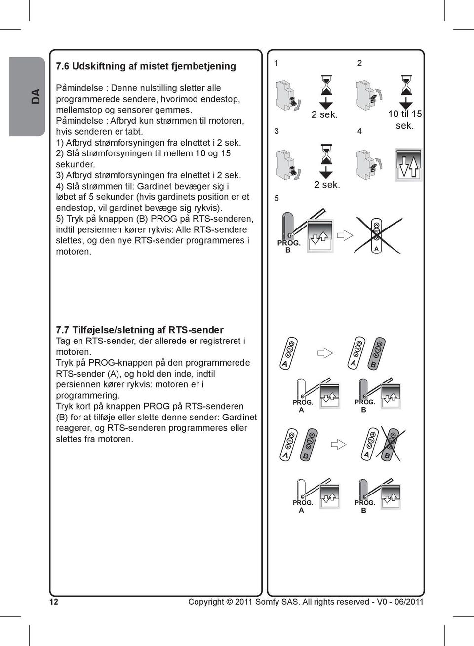 ) fbryd strømforsyningen fra elnettet i sek. 4) Slå strømmen til: Gardinet bevæger sig i løbet af 5 sekunder (hvis gardinets position er et endestop, vil gardinet bevæge sig rykvis).