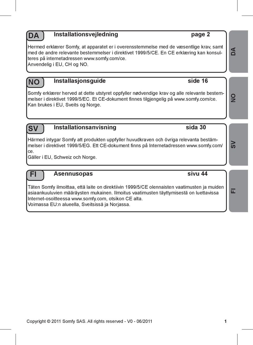 D NO Installasjonsguide side 6 Somfy erklærer herved at dette utstyret oppfyller nødvendige krav og alle relevante bestemmelser i direktivet 999/5/EC. Et CE-dokument finnes tilgjengelig på www.somfy.