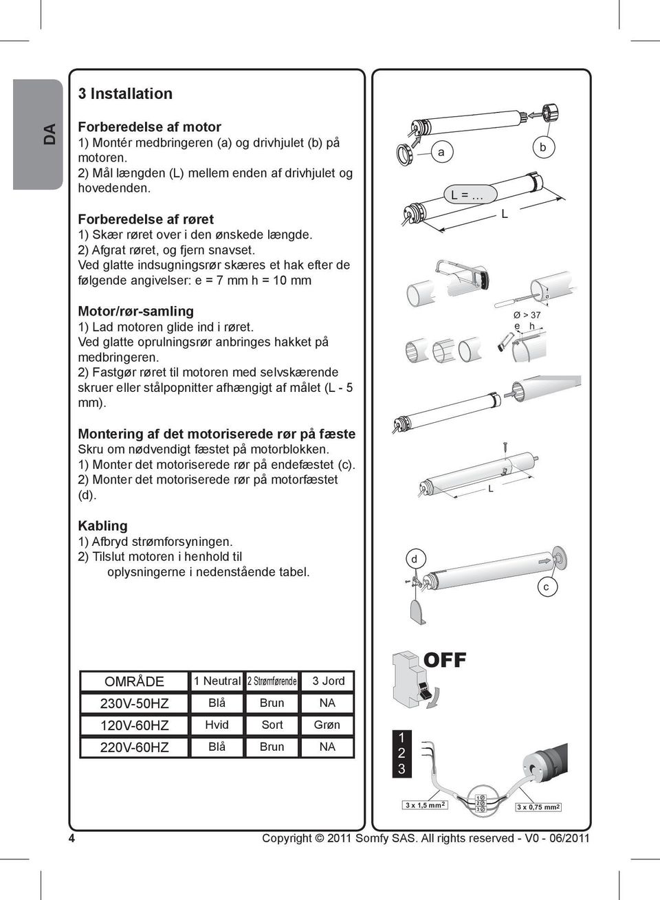 Ved glatte indsugningsrør skæres et hak efter de følgende angivelser: e = 7 mm h = 0 mm L = a L = L L b Motor/rør-samling ) Lad motoren glide ind i røret.