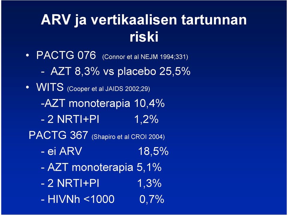 -AZT monoterapia 10,4% - 2 NRTI+PI 1,2% PACTG 367 (Shapiro et al CROI
