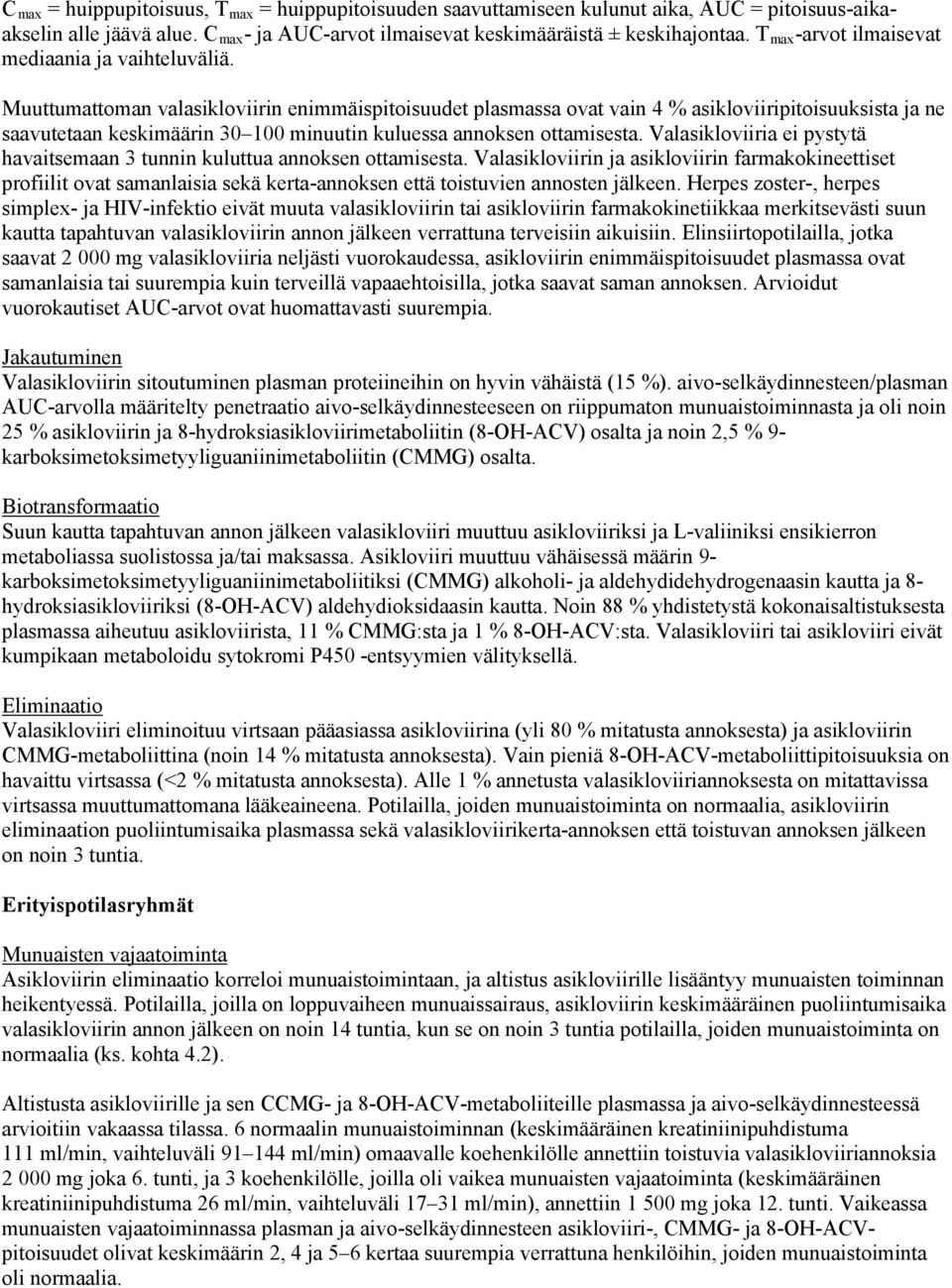 Muuttumattoman valasikloviirin enimmäispitoisuudet plasmassa ovat vain 4 % asikloviiripitoisuuksista ja ne saavutetaan keskimäärin 30 100 minuutin kuluessa annoksen ottamisesta.