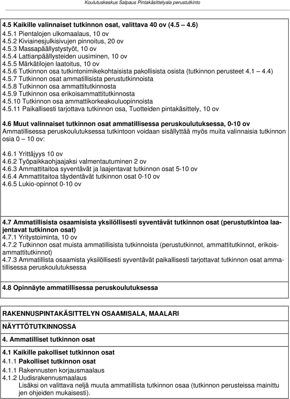 5.9 Tutkinnon osa erikoisammattitutkinnosta 4.5.10 Tutkinnon osa ammattikorkeakouluopinnoista 4.5.11 Paikallisesti tarjottava tutkinnon osa, Tuotteiden pintakäsittely, 10 ov 4.