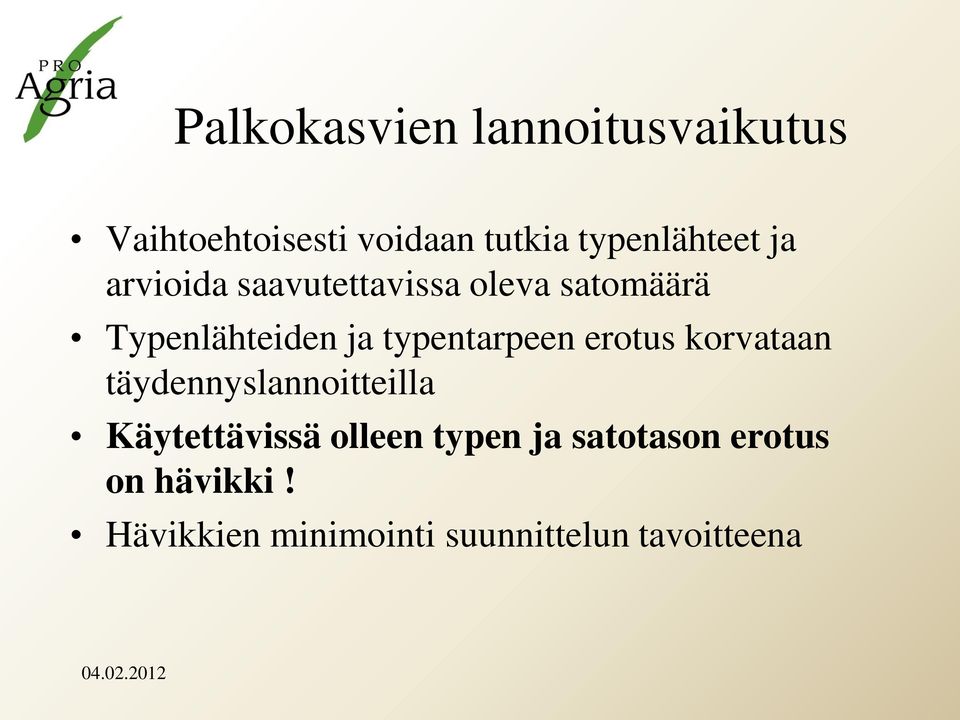 erotus korvataan täydennyslannoitteilla Käytettävissä olleen typen ja