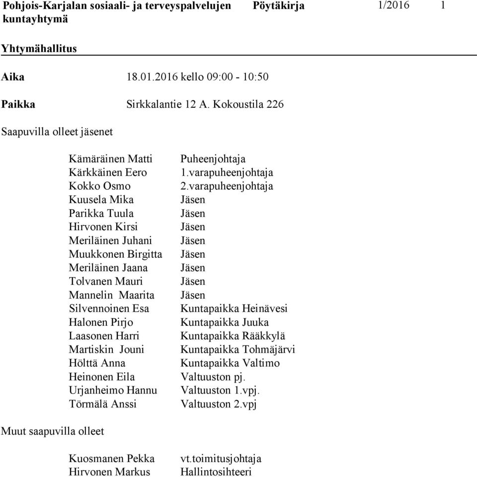 Mauri Mannelin Maarita Silvennoinen Esa Halonen Pirjo Laasonen Harri Martiskin Jouni Hölttä Anna Heinonen Eila Urjanheimo Hannu Törmälä Anssi Puheenjohtaja 1.varapuheenjohtaja 2.