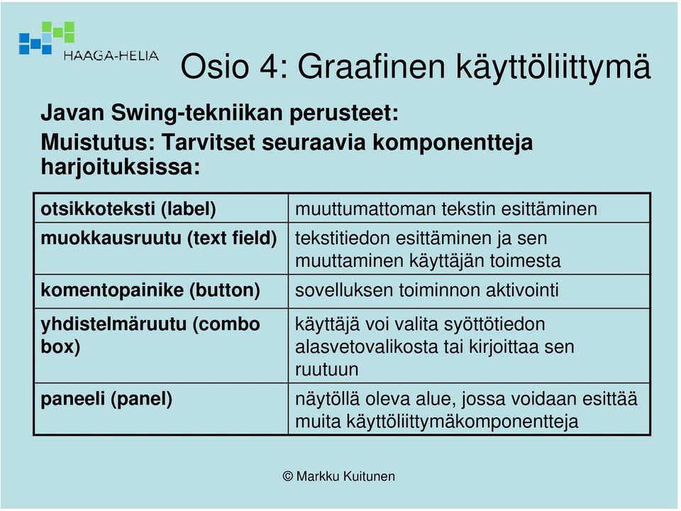 esittäminen tekstitiedon esittäminen ja sen muuttaminen käyttäjän toimesta sovelluksen toiminnon aktivointi käyttäjä voi