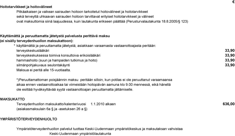 8.2005/ 123) Käyttämättä ja peruuttamatta jätetystä palvelusta perittävä maksu (ei sisälly terveydenhuollon maksukattoon): * käyttämättä ja peruuttamatta jätetystä, asiakkaan varaamasta