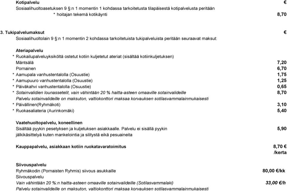 (sisältää kotiinkuljetuksen) Mäntsälä 7,20 Pornainen 6,70 * Aamupala vanhustentalolla (Osuustie) 1,75 * Aamupuuro vanhustentalolla (Osuustie) 1,25 * Päiväkahvi vanhustentalolla (Osuustie) 0,65 *