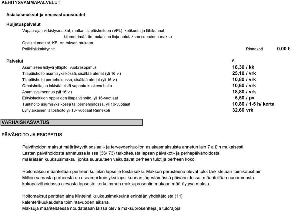 00 Palvelut Asumiseen liittyvä ylläpito, vuokrasopimus 18,30 / kk Tilapäishoito asumisyksikössä, sisältää ateriat (yli 16 v.) 25,10 / vrk Tilapäishoito perhehoidossa, sisältää ateriat (yli 16 v.