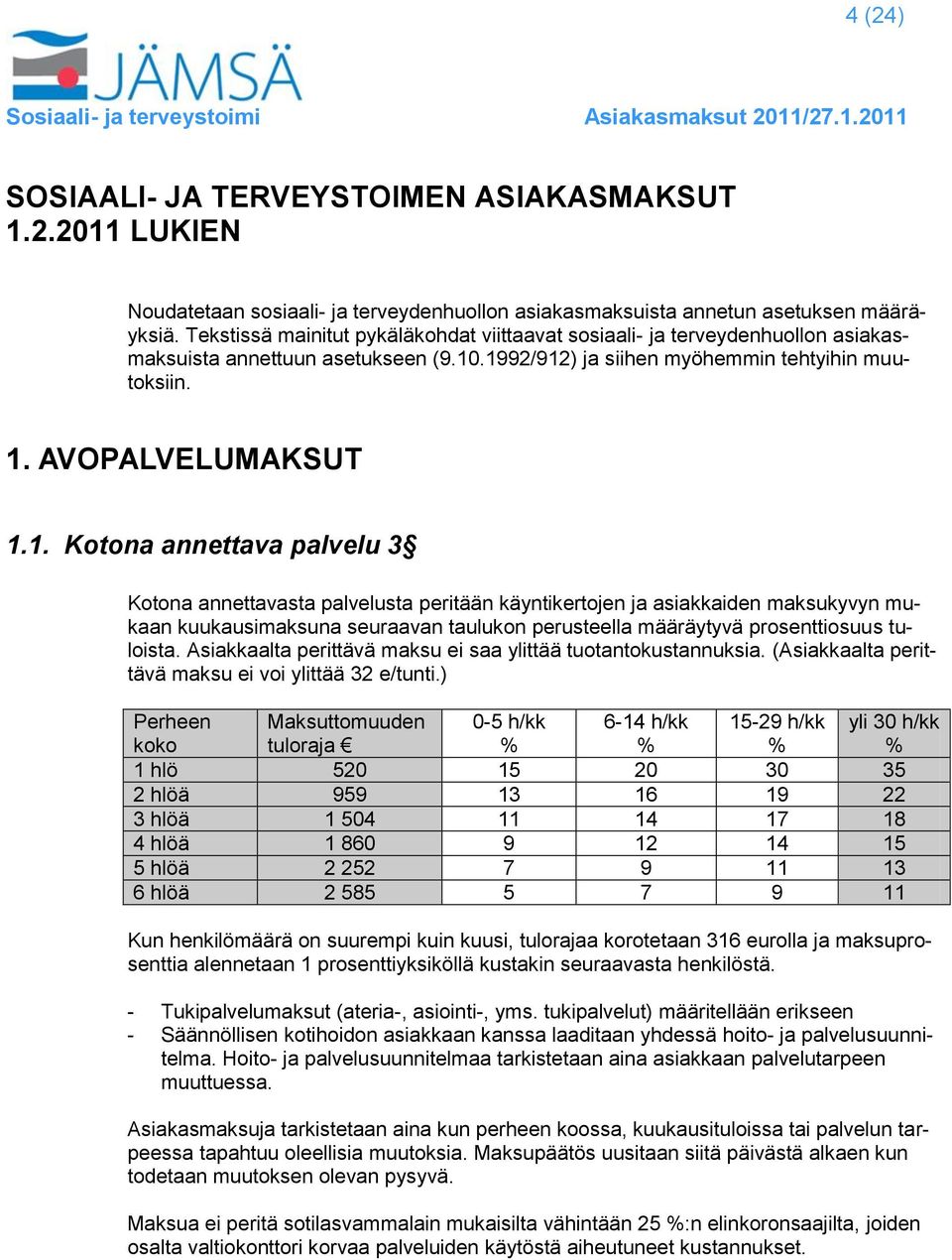 .1992/912) ja siihen myöhemmin tehtyihin muutoksiin. 1. AVOPALVELUMAKSUT 1.1. Kotona annettava palvelu 3 Kotona annettavasta palvelusta peritään käyntikertojen ja asiakkaiden maksukyvyn mukaan