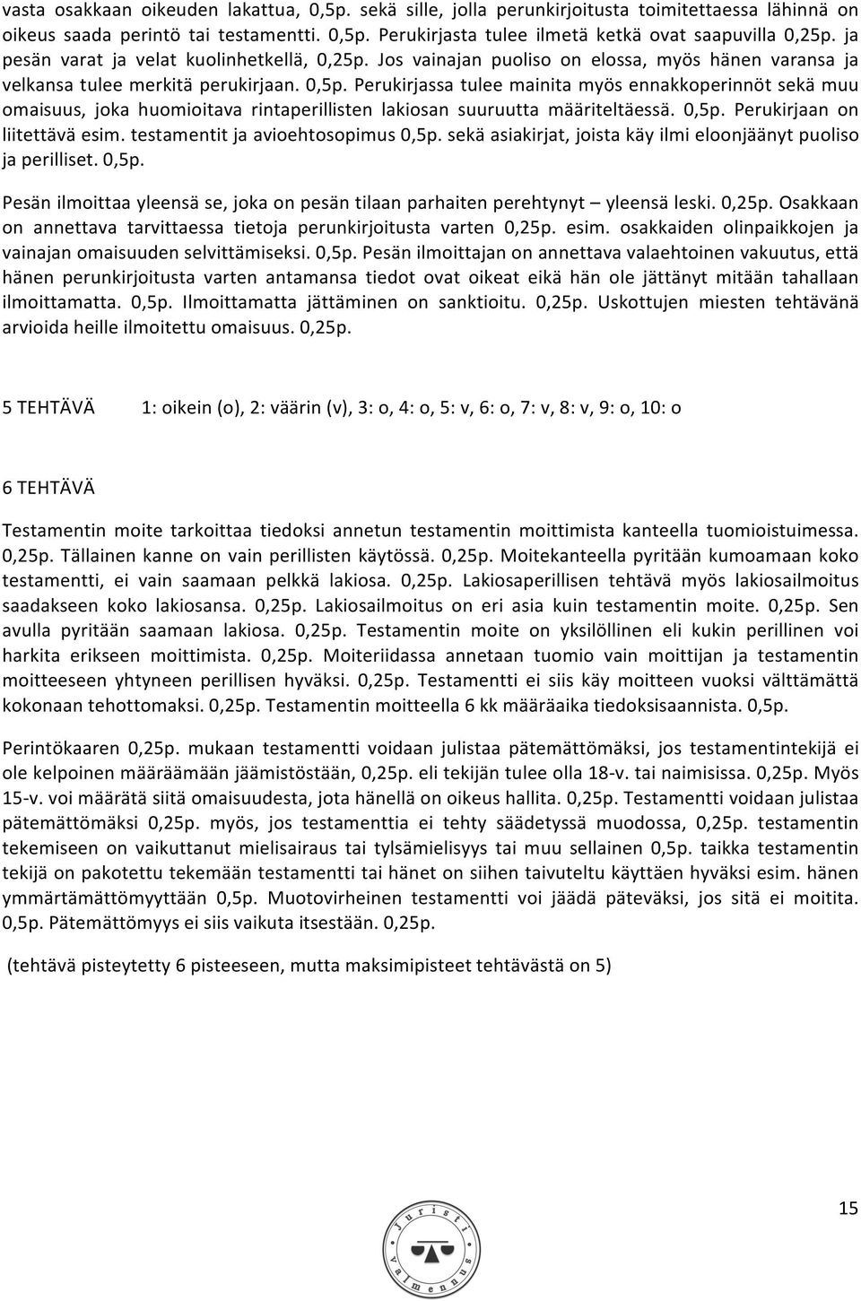 Perukirjassa tulee mainita myös ennakkoperinnöt sekä muu omaisuus, joka huomioitava rintaperillisten lakiosan suuruutta määriteltäessä. 0,5p. Perukirjaan on liitettävä esim.