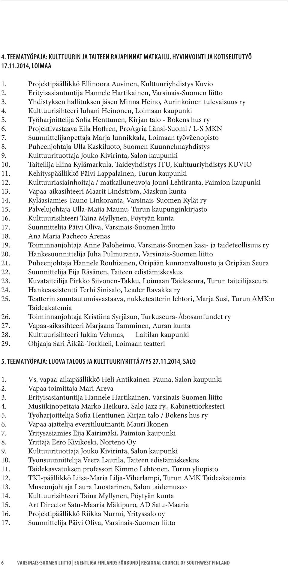 Työharjoittelija Sofia Henttunen, Kirjan talo - Bokens hus ry 6. Projektivastaava Eila Hoffren, ProAgria Länsi-Suomi / L-S MKN 7. Suunnittelijaopettaja Marja Junnikkala, Loimaan työväenopisto 8.