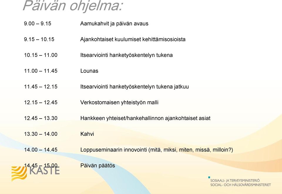 15 Itsearviinti hanketyöskentelyn tukena jatkuu 12.15 12.45 Verkstmaisen yhteistyön malli 12.45 13.