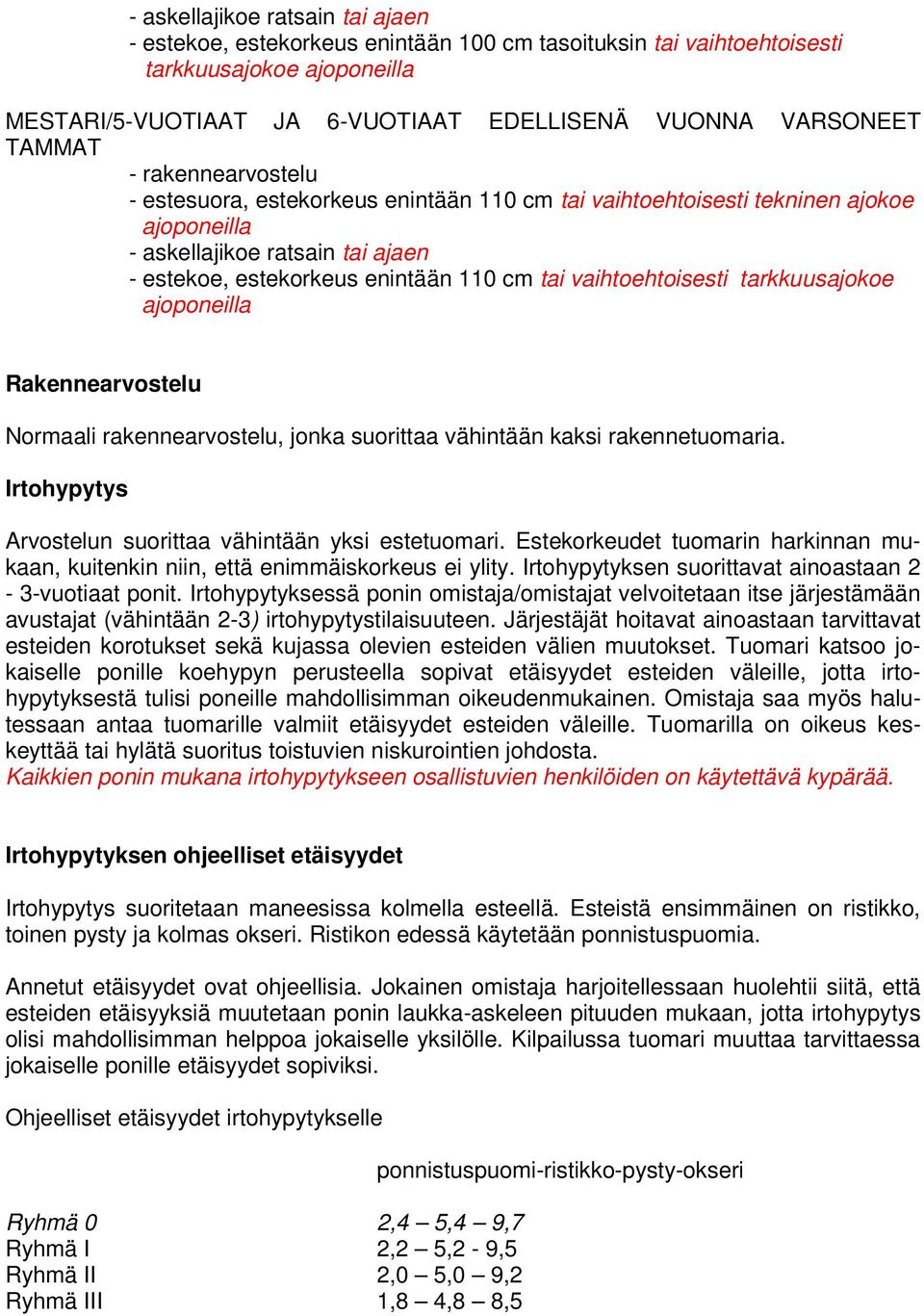 ajoponeilla Rakennearvostelu Normaali rakennearvostelu, jonka suorittaa vähintään kaksi rakennetuomaria. Irtohypytys Arvostelun suorittaa vähintään yksi estetuomari.