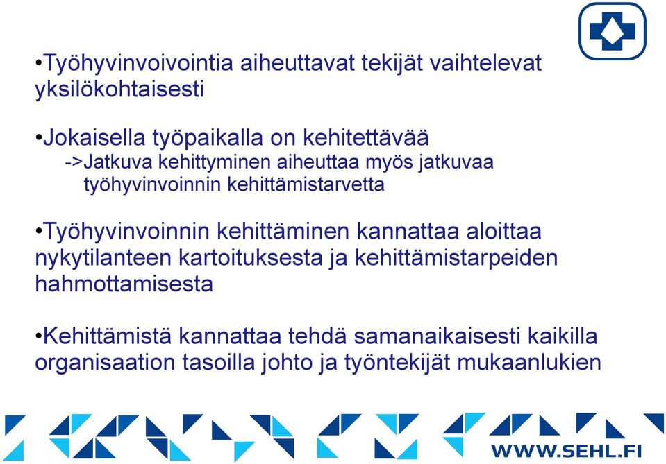 Työhyvinvoinnin kehittäminen kannattaa aloittaa nykytilanteen kartoituksesta ja kehittämistarpeiden